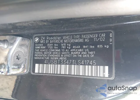 2003 BMW Z4 2.5I from USA, damaged, VIN 4USBT33473LS41745